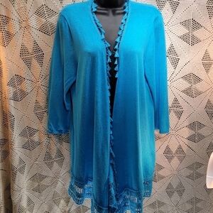 Chico's size 2 (medium) teal (blue) Cardigan with lace and tassels. 55% linen